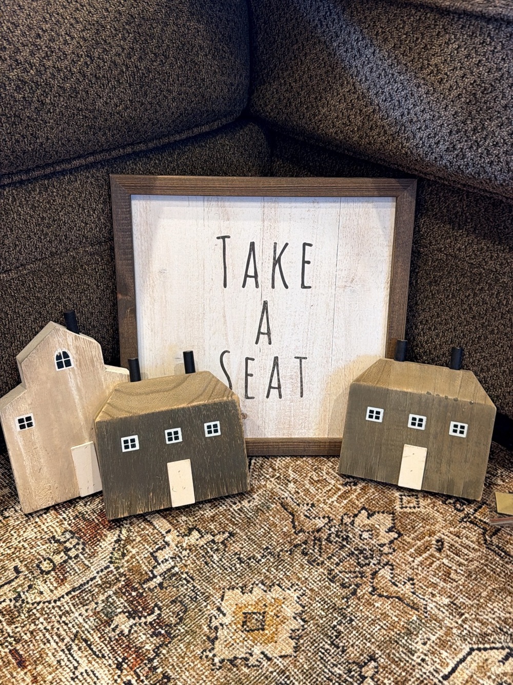 Rustic Wooden House Trio with 'Take a Seat' Framed Sign - Neutral Tones